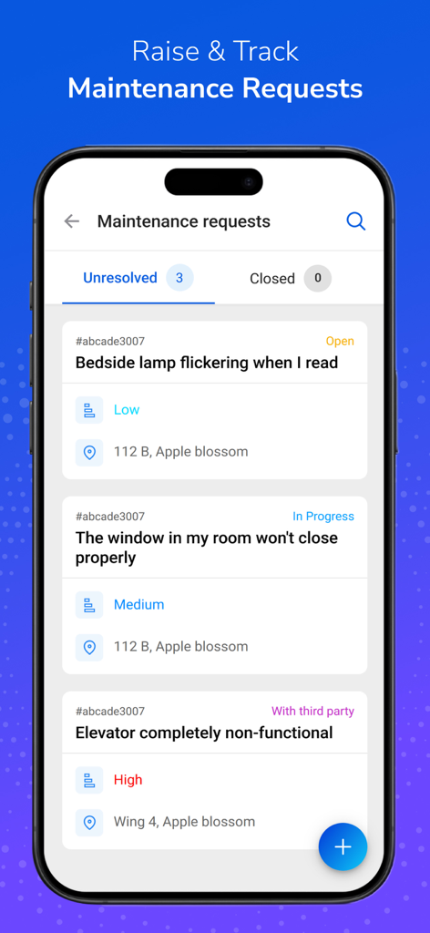 Interface of the Centrim Life app showing a list of maintenance requests with their priority levels and current status for senior living residents