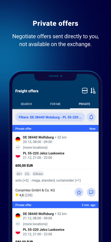 Loads2GO - Loads2GO app screen showing private freight offers for truck drivers with negotiation options