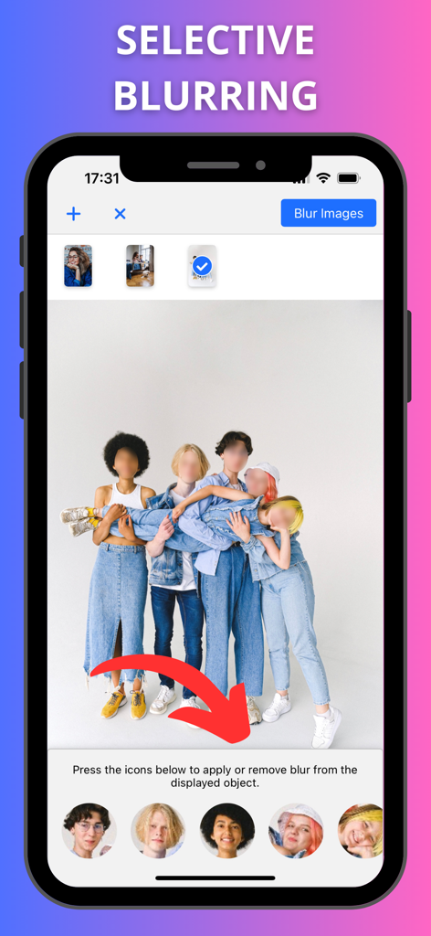 Blur Face On Photo - Mobile app interface showing how to selectively blur faces in a group photo for privacy