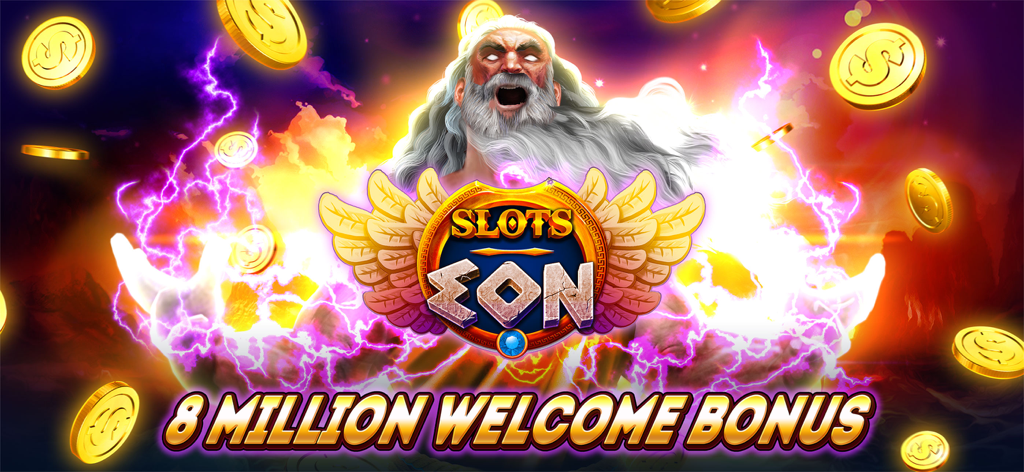Eon Slots promotional banner with Zeus character and 8 million coin welcome bonus offer