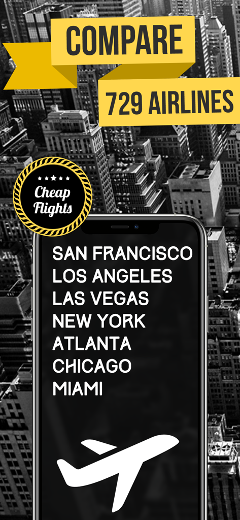 Tela do aplicativo Cheap Flight Finder mostrando comparação de companhias aéreas e principais destinos de viagem nos EUA