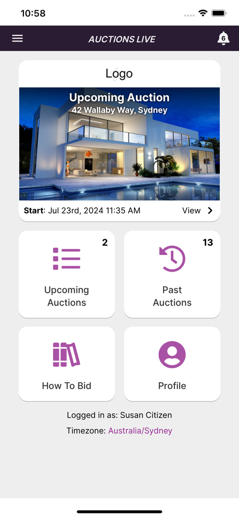 Bid Buy app dashboard showing an upcoming luxury real estate auction and navigation buttons for bidding and profile management.