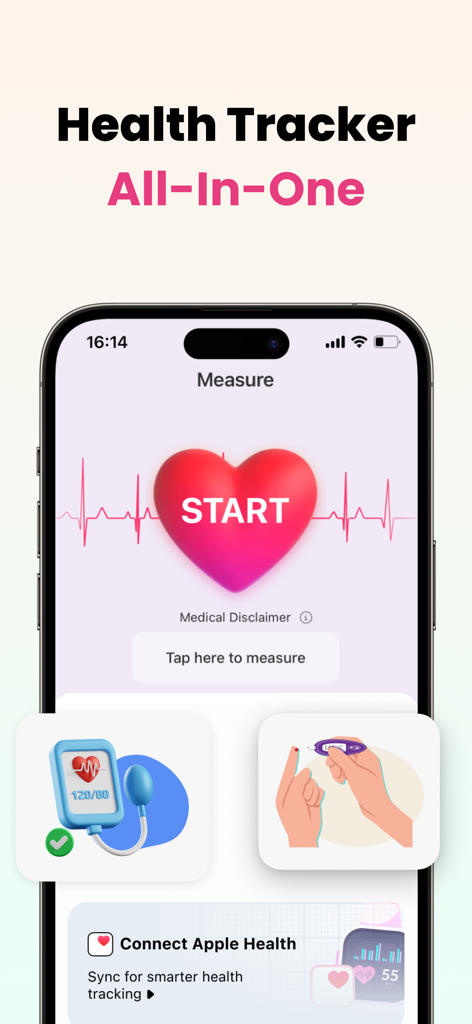 Interface of the Blood Pressure Monitor Tracker app showing heart rate measurement and health tracking features.