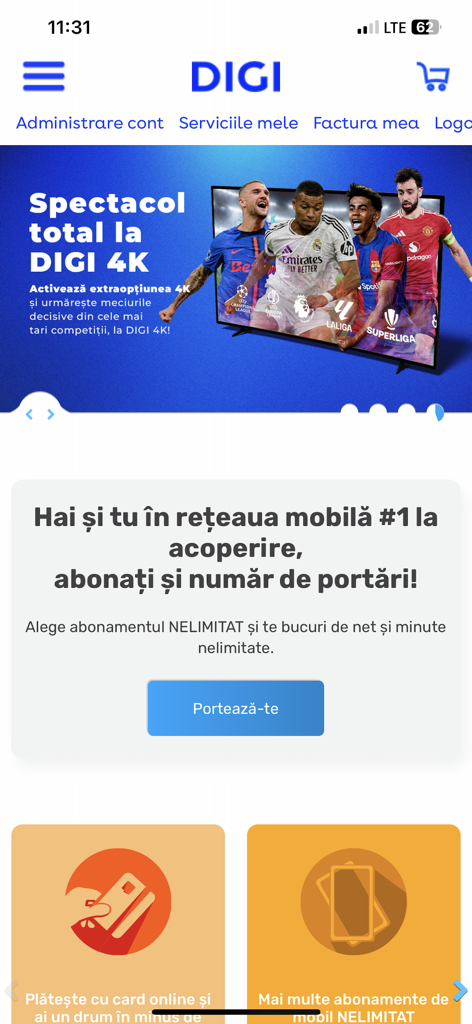 DIGI.ro - Interface of the DIGI Romania app featuring utility management tools and promotions for mobile and TV services