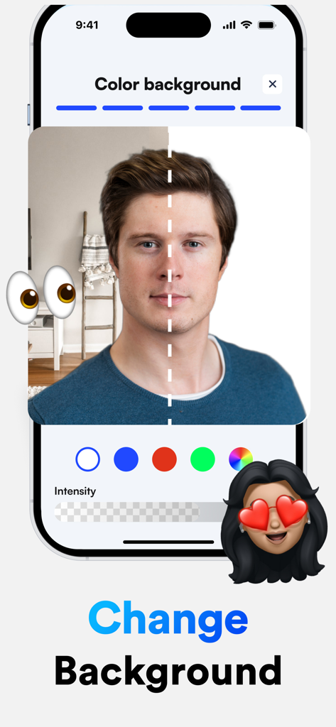 Passport Photo: ID Maker - 公式文書のためにポートレートの背景を無地に白く変更する機能を示すパスポート写真アプリのスクリーンショット