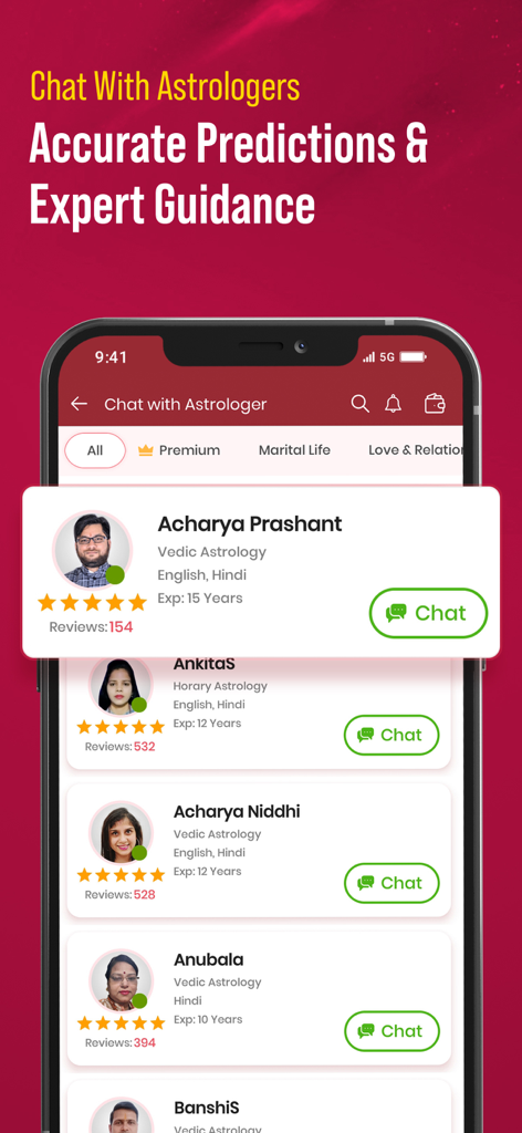 Anytime Astro Live Chat & Talk - Pantalla de la aplicación Anytime Astro mostrando una lista de astrólogos védicos verificados disponibles para chat en vivo y orientación.