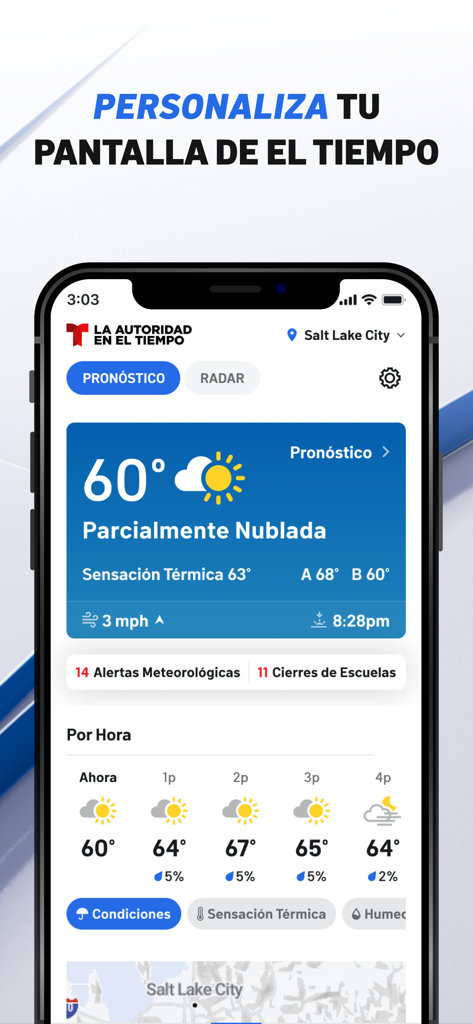 Telemundo Utah app showing customizable weather forecast for Salt Lake City with local alerts