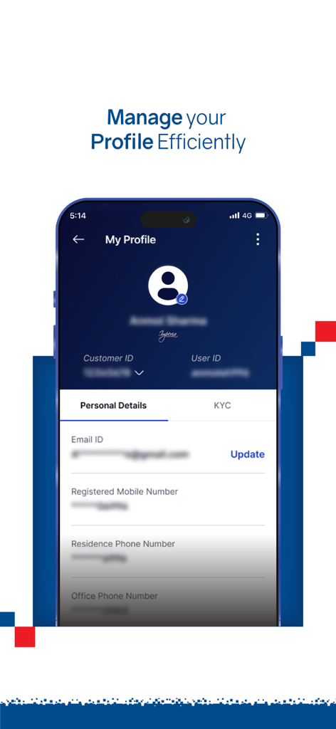 HDFC Bank App profile screen showing personal details and contact information management