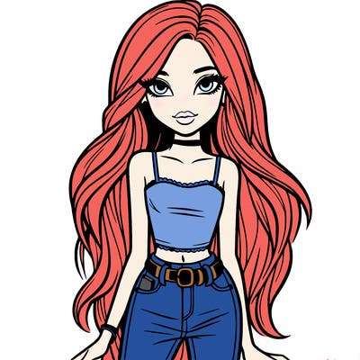 a girl with long hair and a skinny appearance, she is beautiful, the most beautiful in the world, she has amazing hair, and beautiful eyes, with a tank top and jeans with a chunky belt