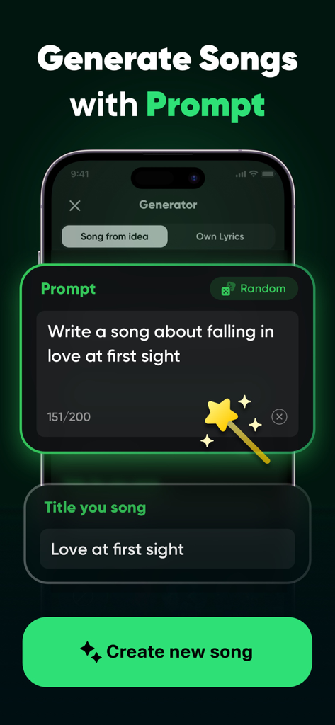 Tracklab app interface showing a text prompt area to generate a song about falling in love at first sight