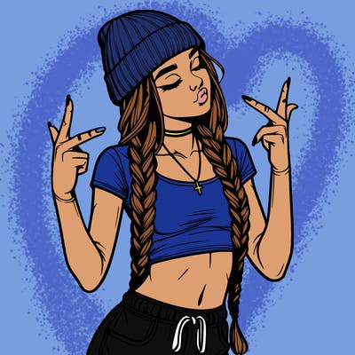 realistic teenage girl with braids and a beanie and crop top doing 🫶🏼