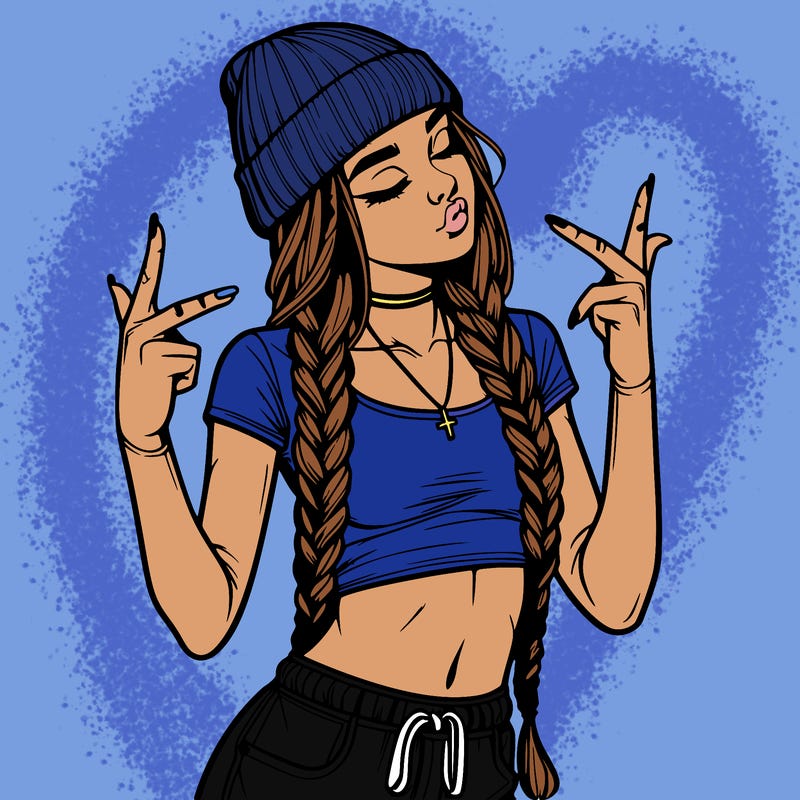 realistic teenage girl with braids and a beanie and crop top doing 🫶🏼