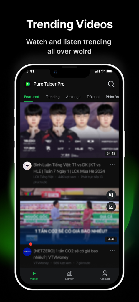 Pure Tuber Pro : Music & Video - Pure Tuber Pro app interface displaying trending music and videos on a mobile screen