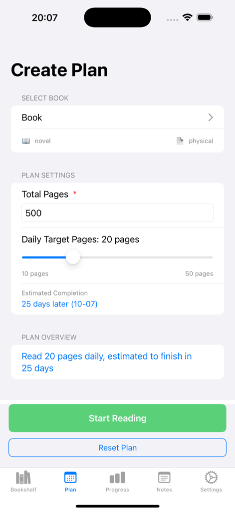 Libriasio - The Libriasio app interface for creating a reading plan with daily page targets and estimated completion dates.