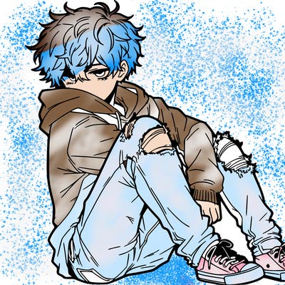 a male hoddie ripped jeans messy hair anime