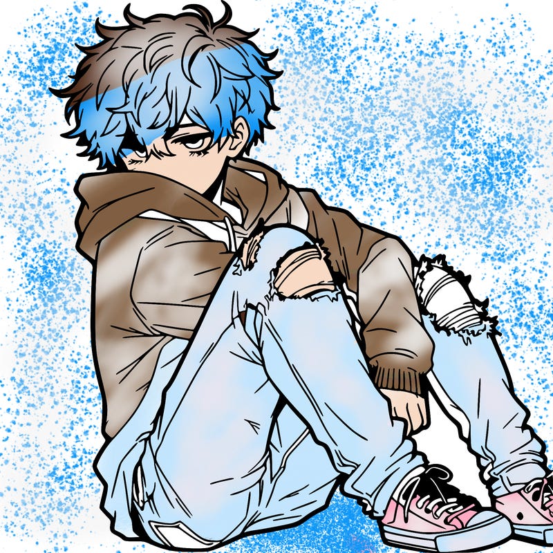 a male hoddie ripped jeans messy hair anime