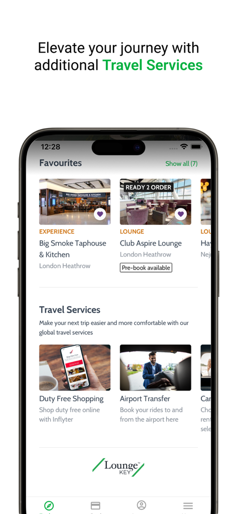 Interfaz de la aplicación LoungeKey que muestra servicios de viaje, incluyendo acceso a salas VIP y traslados al aeropuerto