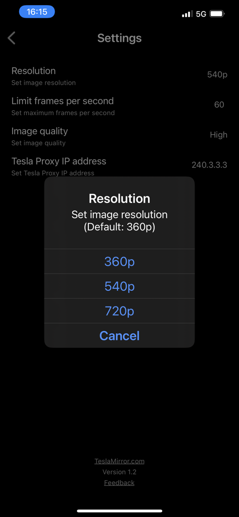 TslaMirror app settings menu with a resolution selection pop-up showing options for 360p 540p and 720p