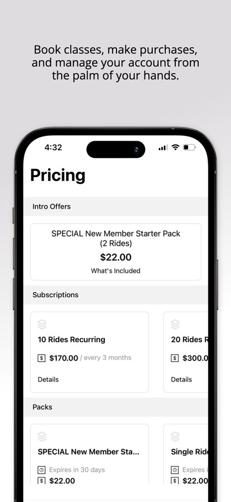 SpinCity 11762 - Mobile app screen showing pricing for cycling classes and membership packages