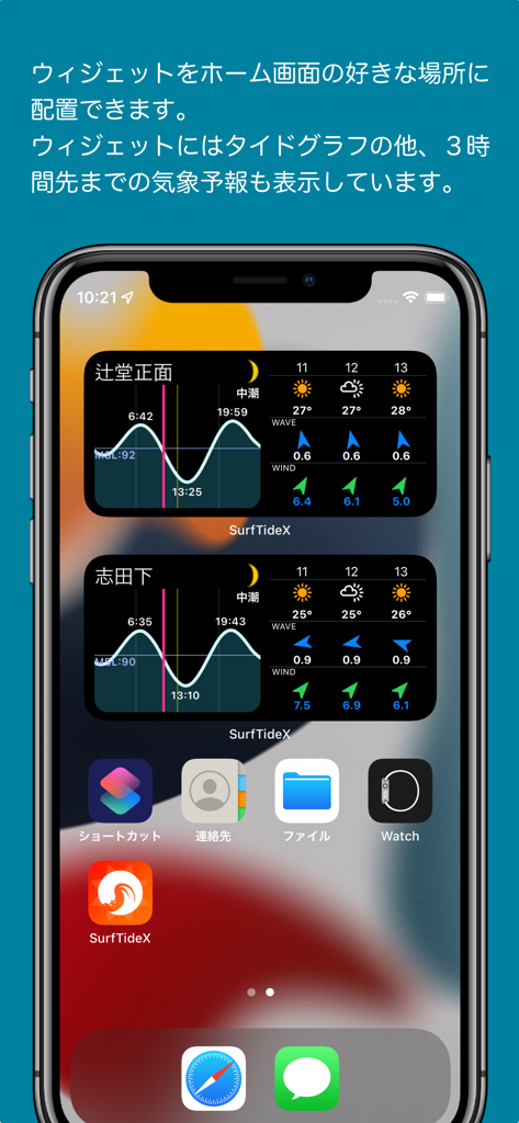 タイドと気象情報 - SurfTideX - iPhoneホーム画面。潮汐グラフと海洋気象予報を備えた2つのSurfTideXウィジェットを表示。