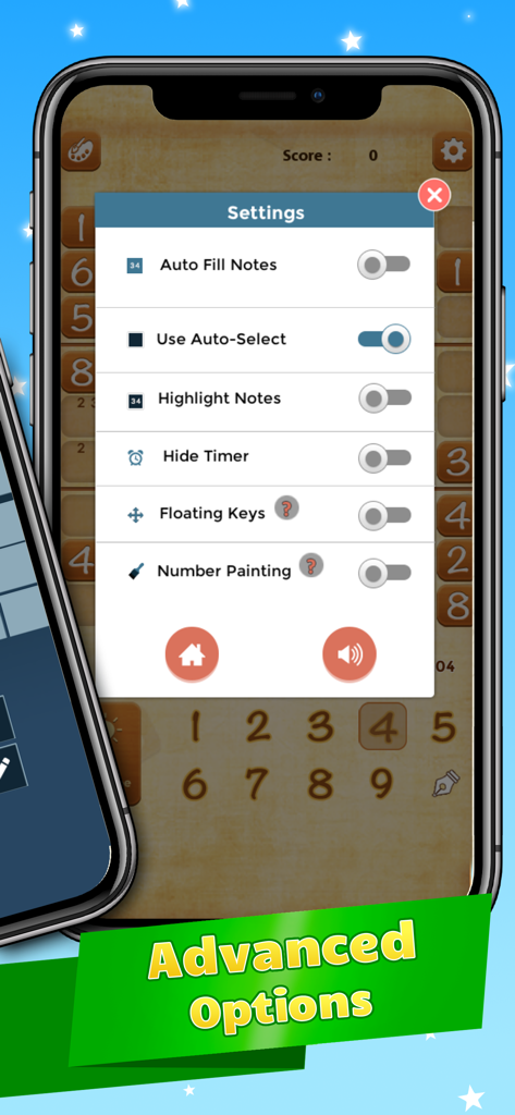 Sudoku IQ - Train your Brain - Advanced settings menu in the Sudoku IQ app showing customization options for brain training puzzles.
