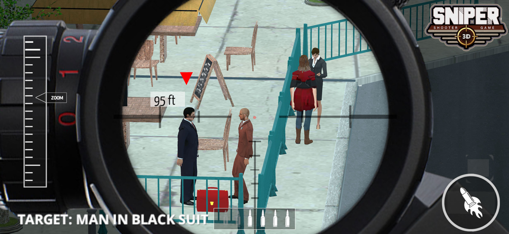 Vista de la mira de francotirador en primera persona apuntando a un objetivo con traje negro