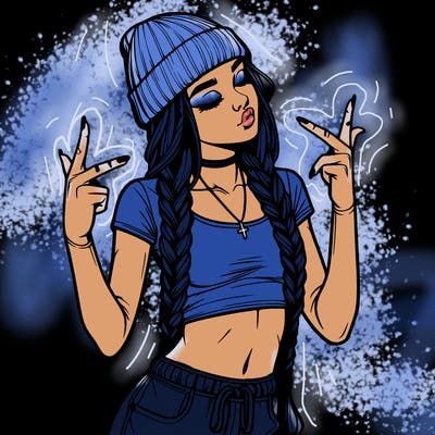 realistic teenage girl with braids and a beanie and crop top doing 🫶🏼