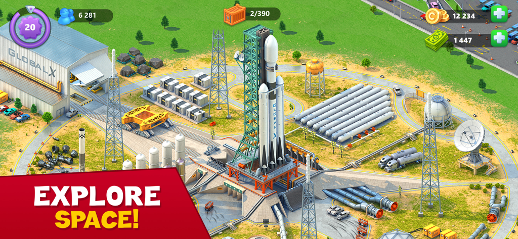 Global City: Building games - A high-tech space rocket on a launch pad within the Global City building game simulator