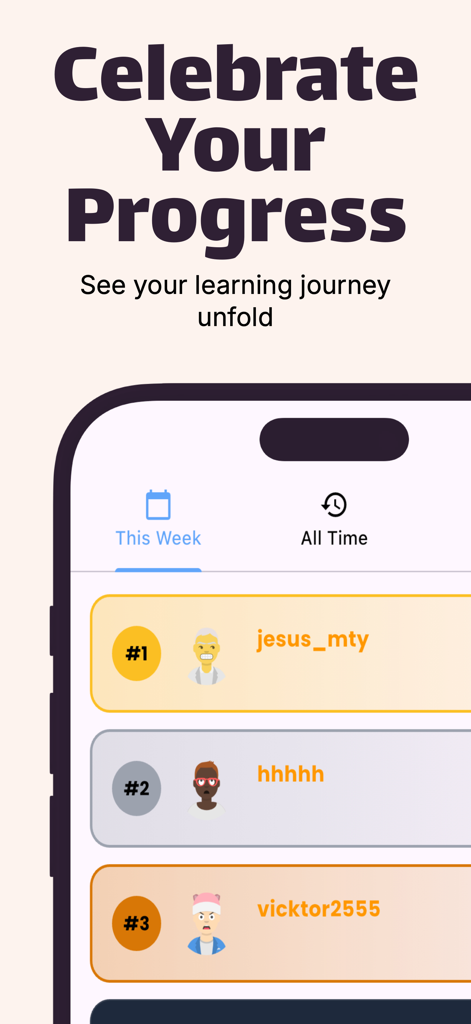 Interfaz de tabla de clasificación que muestra las clasificaciones y el progreso de los usuarios en la aplicación de aprendizaje de japonés