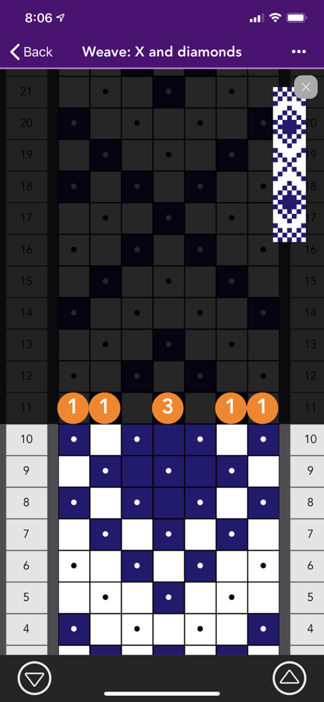 Warp Visualizer weaving tracker showing a blue and white diamond pattern with row and block count indicators