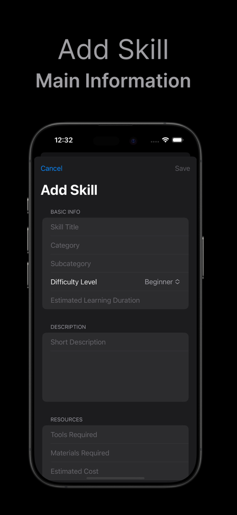 Black CirkleAI Pro - Form to add a new skill in Black CirkleAI Pro app with fields for title category and resources