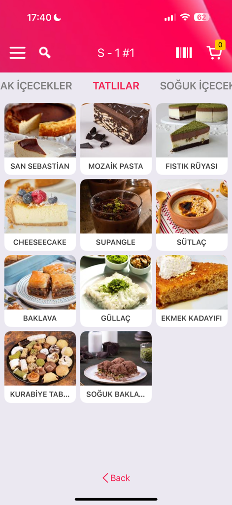 Menulux Garson - 웨이터 주문을 위한 다양한 디저트 옵션을 보여주는 Menulux Garson 앱 시각적 메뉴 화면