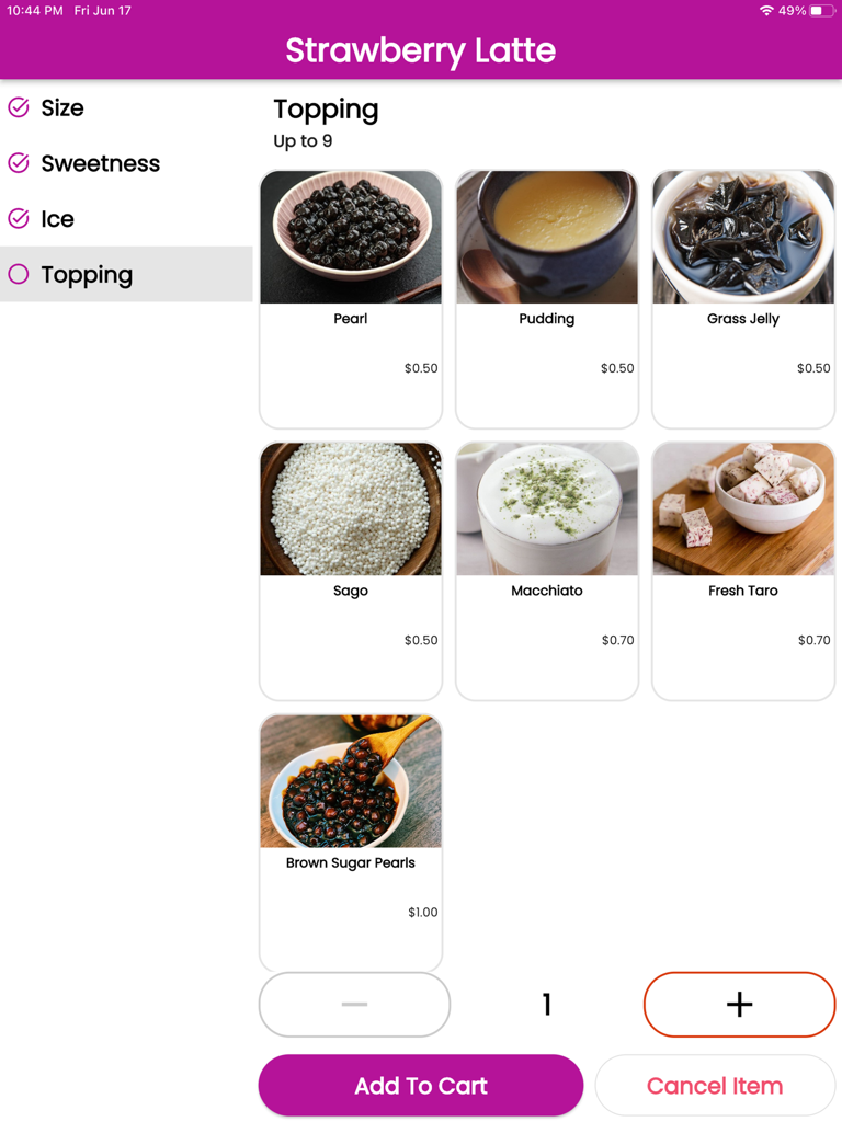 Snappy POS Kiosk interface for customizing a Strawberry Latte with various topping options