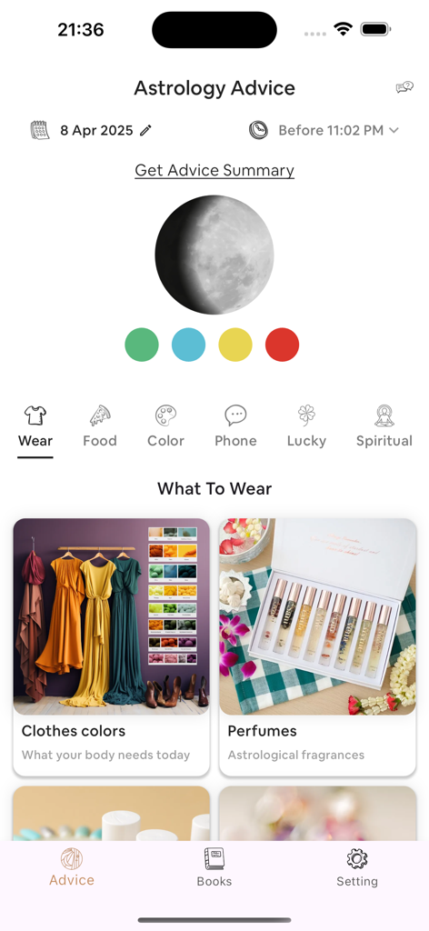 Aur la Vie - Aur la Vieアプリの画面には、占星術に基づいたファッションと香水の推奨事項が表示されています
