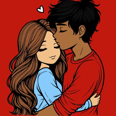 a realistic couple boy and girl hugging and kissing