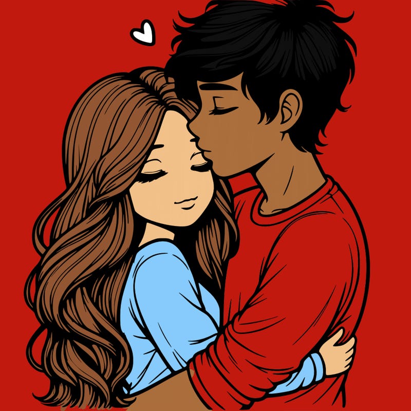 a realistic couple boy and girl hugging and kissing