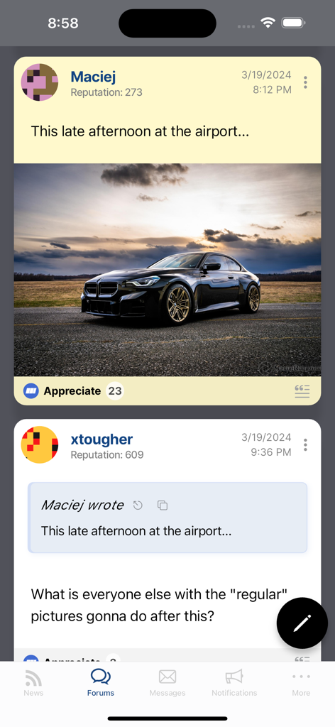 Foro de la aplicación Bimmerpost mostrando una publicación comunitaria con una foto de un BMW M2 negro.