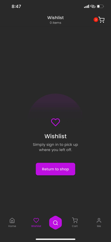 Online Gaming Marketplace - Empty wishlist screen on the Online Gaming Marketplace mobile app showing a heart icon and return to shop button