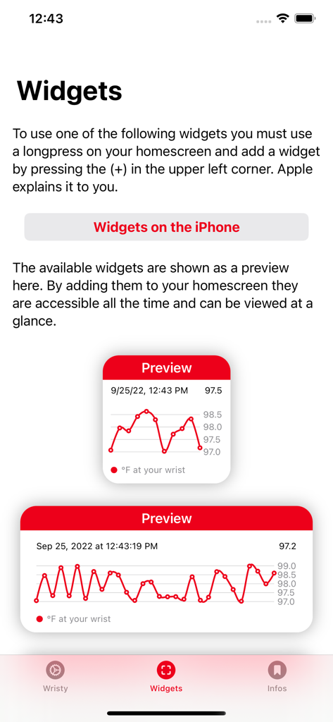 Wristy 앱 화면, 손목 온도 그래프가 포함된 작고 중간 크기 홈 화면 위젯 미리 보기