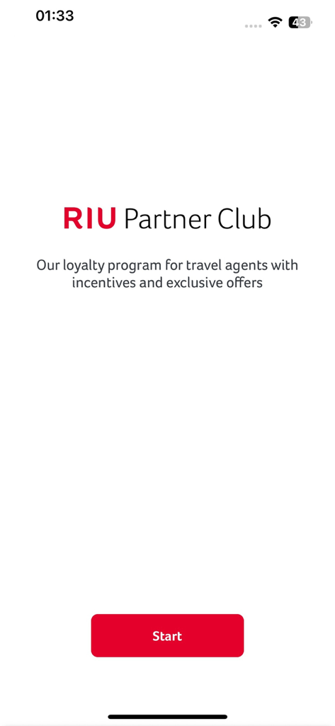 Willkommensbildschirm der RIU Partner Club App, der das Logo des Treueprogramms und einen roten Startbutton für Reisebüros zeigt
