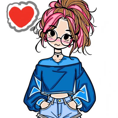 girl with a messy ponytail glasses a baggy crop top and jean shorts