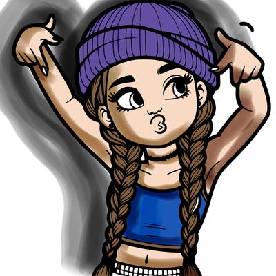 realistic teenage girl with braids and a beanie and crop top doing 🫶🏼
