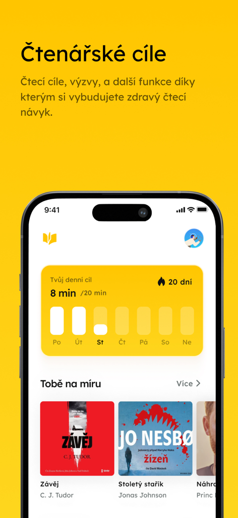 Elredo Audioknihy - Elredo audiobook app interface showing daily reading goals and habit tracking dashboard