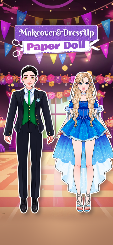 Male and female paper doll characters dressed in formal outfits for a fashion makeover game