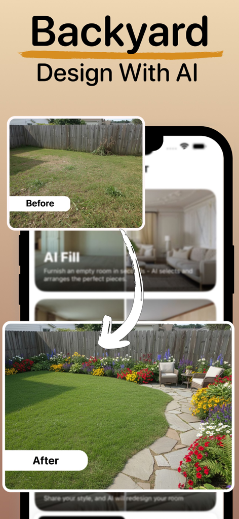 AI Interior Design - RoomGPT - Comparaison avant/après montrant un simple jardin arrière transformé en un jardin luxuriant avec l'IA