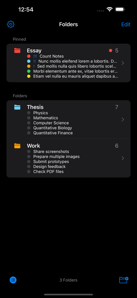 Word Count Notes, Word Counter - Folders view in the Word Count Notes app displaying organized categories like Essay and Thesis in dark mode.