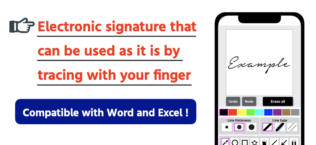 Electronic Signature - Um smartphone mostrando a interface da aplicação Assinatura Eletrónica com uma assinatura manuscrita e várias ferramentas de personalização para cor e espessura da linha.