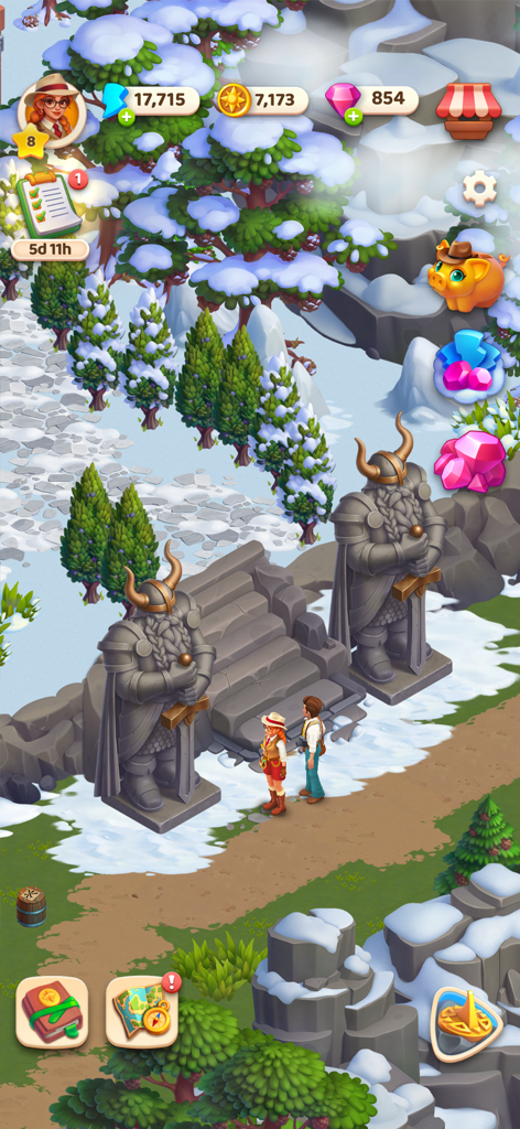 Olivia's Mysteries - Characters Olivia and her companion standing before giant stone Viking statues in a snowy mountain landscape