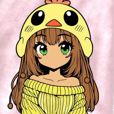 anime girl with chick shaped hat with sweater with bare shoulders with bangs covering them one eye with low tail