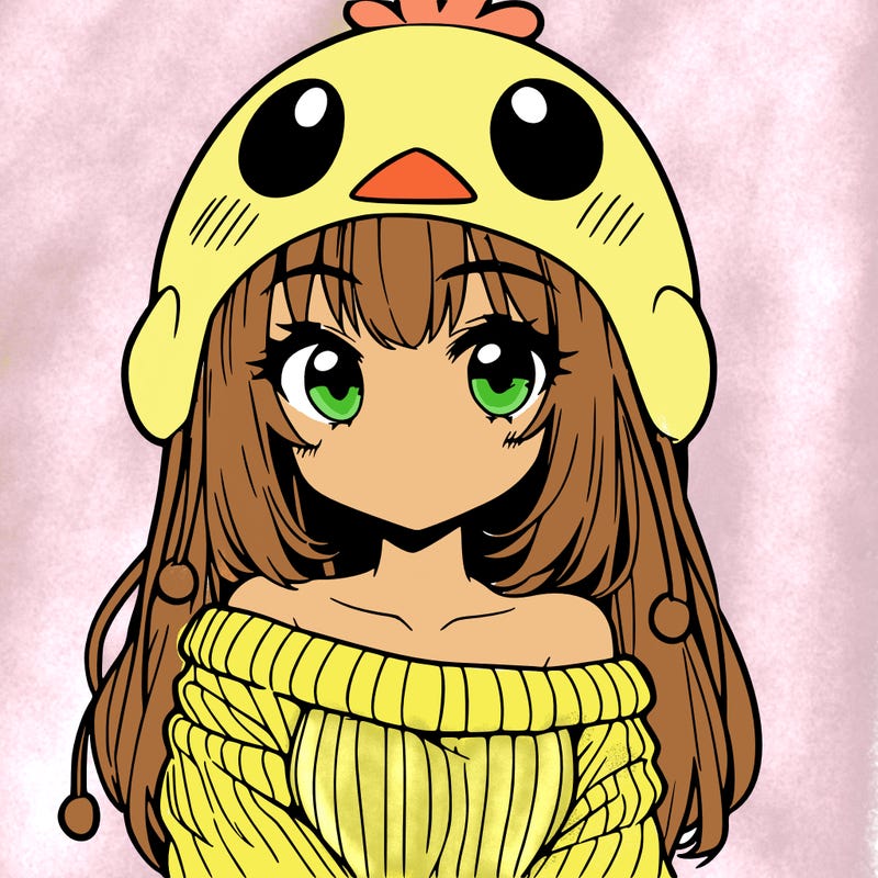anime girl with chick shaped hat with sweater with bare shoulders with bangs covering them one eye with low tail